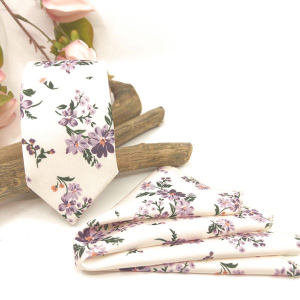 Ecru Necktie with Dusty Lavender Floral Design, Slim Wedding Tie for Groom and Groomsmen, Matching Pocket Square and Bow Tie Optional