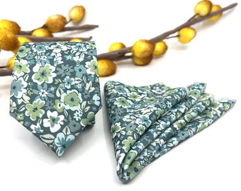 Grün-grau-blaue Übergangsfarben-Krawatte, florale Krawatte, schmale Krawatte, Trauzeugen-Krawatte, Hochzeitskrawatte, passendes Einstecktuch