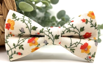 Nœud papillon écru, Nœud papillon floral orange, Nœud papillon en lin, Nœud papillon de mariage, Nœud papillon de marié, Porte-alliances, Nœud papillon pour homme, bébé, garçon