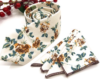 Ecru Necktie, Rust Floral Necktie, Rose Necktie, Groomsmen Necktie, Ties, Weddings Necktie, Matched Pocket square
