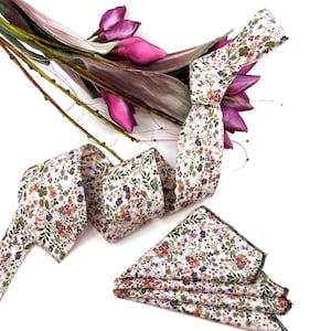 Floral Necktie: Green, Orange, Lilac - Slim Wedding Tie