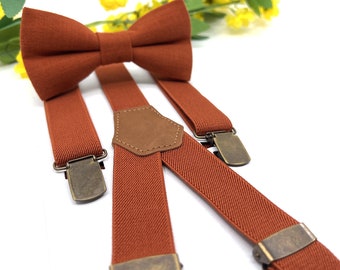 Burnt Orange Suspenders and Bow Tie Set for Groomsmen & Groom, Rustic Wedding Suspenders for Men, Toddler Ring Bearer Gift