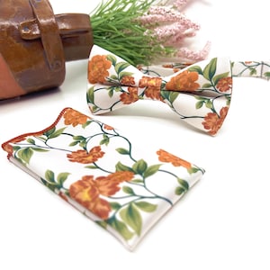 Floral Burnt Orange Bow Tie: Ecru Wedding Groomsmen Tie