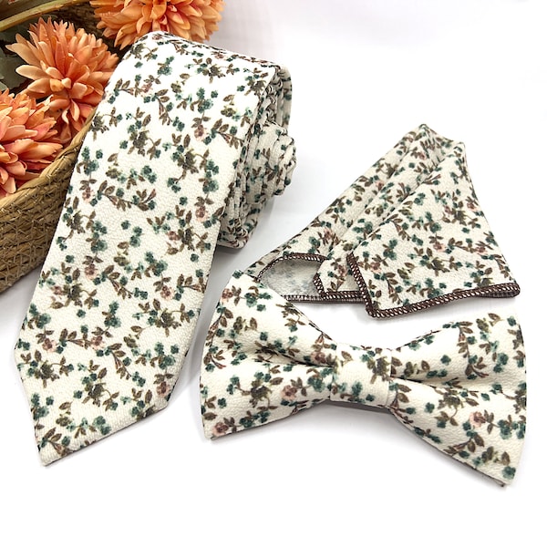 Teal Floral Green Necktie, Olive Green Necktie, Slim Necktie, Groomsmen Necktie, Weddings Tie, Matched Pocket square, Matched Bowtie