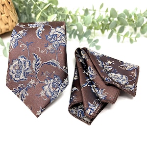 Floral Silk Necktie: Brown, Ecru, and Navy Wedding Tie