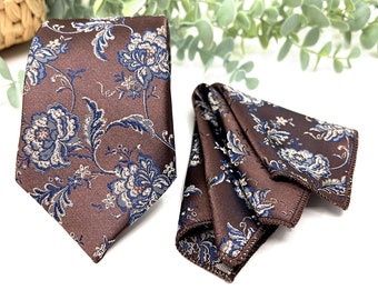 Brown Necktie, Ecru and Navy Necktie, Floral Necktie, Rose Necktie, Groom necktie, Wedding tie, Mens necktie, Pocket square