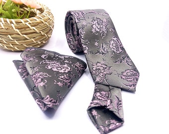 Steel Gray Necktie, Dusty Pink Necktie, Floral Necktie, Rose Necktie, Groom necktie, Wedding tie, Mens necktie, Pocket square