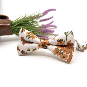 Burnt Orange Floral Bow Tie: Ecru Peach Wedding Groomsmen