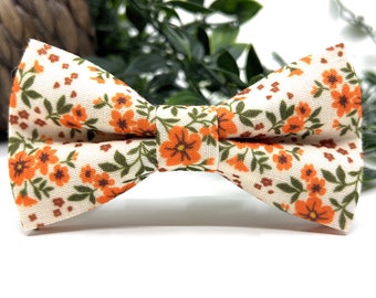 Ecru Bow tie, Orange Floral Bow tie, Linen Bow Tie Wedding bow tie, Groom bow tie, Ring bearer, Bow Tie for men, baby, boy