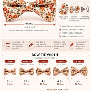 May include: A floral print bow tie with orange and red flowers on a cream background. The image displays sizing charts with widths ranging from 3.3 inches to 5 inches, adjustable metal hardware, a hook and loop closure, and a matching neck strap.