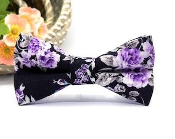 Floral Lilac Bow Tie, Black Color Bow tie, Wedding bow tie, Groom bow tie, Ring bearer, Bow Tie for men, baby, boy, kids
