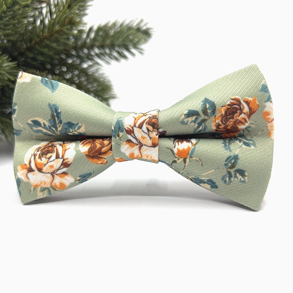 Dusty Sage Green Bow tie, Rust Floral Bow tie, Wedding bow tie, Groom bow tie, Ring bearer, Bow Tie for men, boy, Matched Pocket square