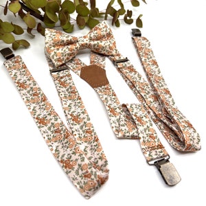 Burnt Orange Floral Suspenders Set, Burnt Orange bow tie, Wedding bow tie, Groom bow tie, Ring bearer, Bow Tie for men, baby, boy, kids