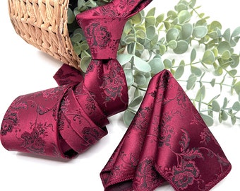 Burgundy Necktie, Black Rose Flower Necktie, Floral Necktie, Rose Necktie, Groom necktie, Wedding tie, Mens necktie, Pocket square