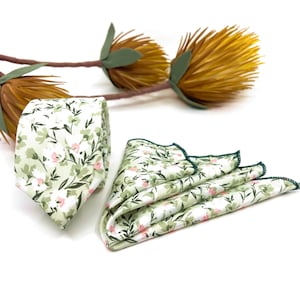 Sage Green Floral Necktie: Slim Wedding Tie, Groomsmen Gift