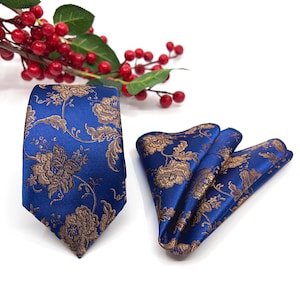 Navy Blue Floral Necktie: Silk Rose Wedding Tie