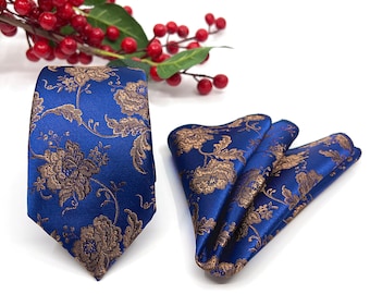 Navy Blue, Floral and Rose Neckties for Groom Perfect for Weddings with Optional Pocket Square