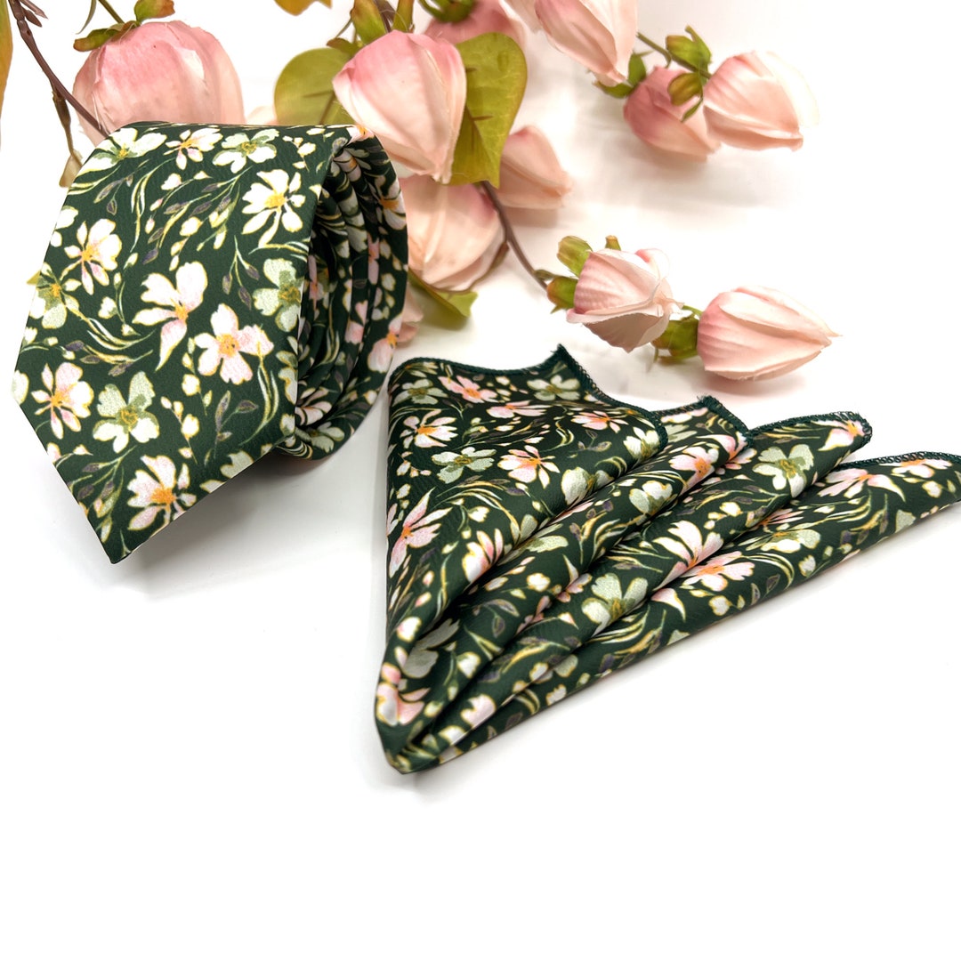 Emerald Green Necktie, Sage Green and Blush Pink Floral Necktie, Slim Necktie, Groomsmen Necktie