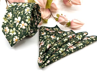 Green Slim Necktie with Sage Green and Blush Pink Floral Design, Wedding Tie for Groom and Groomsmen, Matching Pocket Square Optional