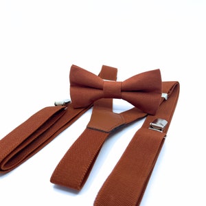 Burnt Orange Linen Bow Tie and Elastic Suspenders Set: Wedding, Ring Bearer