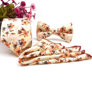 Burnt Orange Floral Necktie: Slim Copper Wedding Tie with Pocket Square