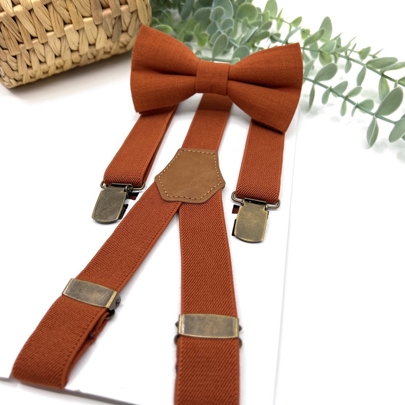 Burnt Orange Suspenders Set, Burnt Orange bow tie, Wedding bow tie, Groom bow tie, Ring bearer, Bow Tie for men, baby, boy, kids image 3