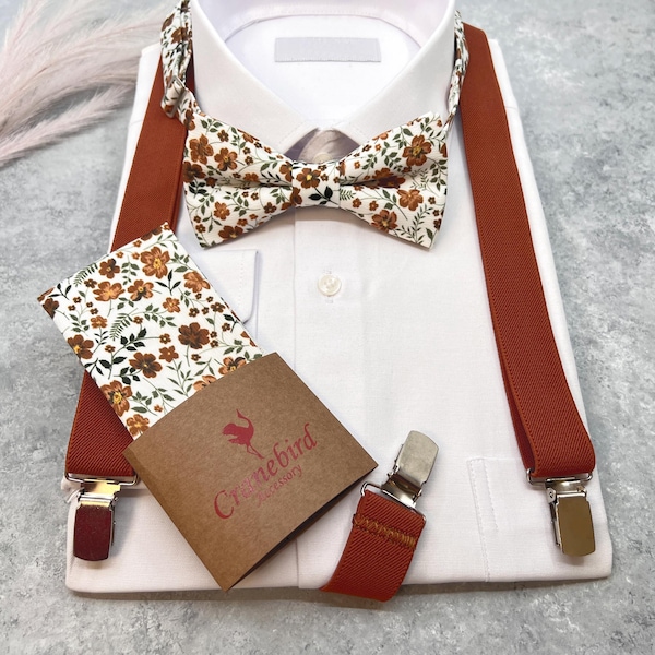 Burnt Orange Suspenders and Floral Bow Tie Set, Liberty Inspired Wedding Set for Groom and Groomsmen