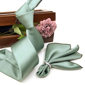 Dusty Sage Green Satin Necktie: Slim Wedding Tie