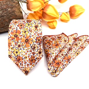 Burnt Orange Floral Necktie: Slim Wedding Tie with Pocket Square