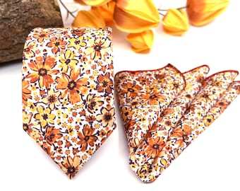 Orange Blumen schmale Krawatte für Bräutigam und Trauzeugen, Hochzeitskrawatte mit passendem Einstecktuch und Fliege optional