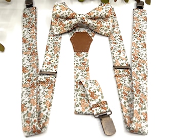 Burnt Orange Floral Bow Tie and Suspenders Set, Liberty Inspired Wedding Set for Groom and Boys