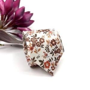 Burnt Orange Floral Tie, Brown Rust Tie, Ecru Background tie, Slim Necktie, Groom Necktie, Groomsmen Necktie, Weddings Tie