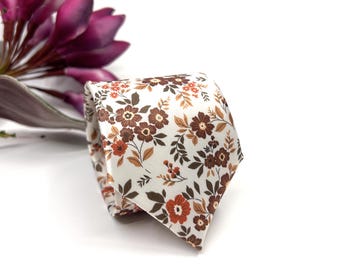 Burnt Orange Floral Slim Tie, Liberty Inspired Rust Brown Wedding Necktie for Groom and Groomsmen