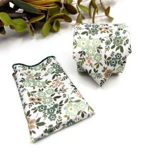 Dusty Sage Green Floral Tie, Olive Green Tie, Ecru Background tie, Slim Necktie, Groom Necktie, Groomsmen Necktie, Weddings Tie
