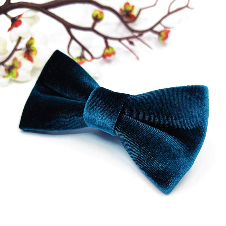 Teal Blue Velvet Bow tie, Velvet bow tie, Wedding bow tie, Groom bow tie, Ring bearer, Bow Tie for men, baby, boy, kids image 2