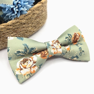 Dusty Sage Green Bow tie, Rust Floral Bow tie, Wedding bow tie, Groom bow tie, Ring bearer, Bow Tie for men, boy, Matched Pocket square image 3