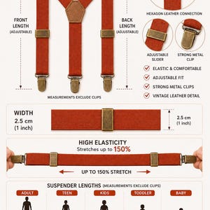 May include: Rust-orange elastic suspenders with bronze-tone metal clips and a hexagonal leather back patch. Features include adjustable sliders, a 1-inch width, and 150% stretch capacity. Includes sizing charts for adults, teens, kids, toddlers, and babies.