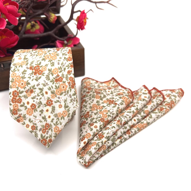 Burnt Orange Floral Bow Tie on Ecru, Groom and Groomsmen Wedding Bow Tie, Matching Pocket Square, Necktie and Suspenders image 2