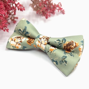 Dusty Sage Green Bow tie, Rust Floral Bow tie, Wedding bow tie, Groom bow tie, Ring bearer, Bow Tie for men, boy, Matched Pocket square image 2