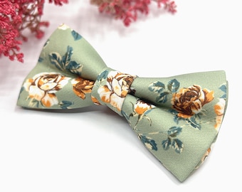Dusty Sage Green and Rust Floral Bow Ties for Weddings Groom and Ring Bearer, Perfect for Men, Boy, Matched Pocket Square and Necktie