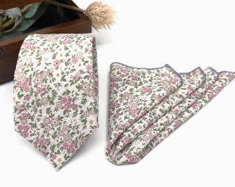 Dusty Rose Pink Floral Slim Tie for Groom and Groomsmen, Liberty Inspired Wedding Necktie