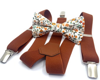 Burnt Orange Suspenders Set, Floral bow tie, Wedding bow tie, Groom bow tie, Ring bearer, Bow Tie for men, baby, boy, kids