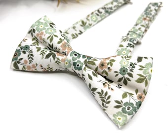 Dusty Sage Green Floral Bow Tie for Groom, Groomsmen and Boys, Liberty Inspired Botanical Wedding Bow Tie on Ecru Background
