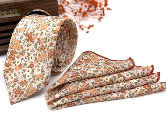 Op Liberty geïnspireerde stropdas met verbrande oranje bloemen, licht blushroze trouwstropdas voor bruidegom en bruidsjonkers met bijpassende pochet en vlinderdas