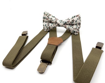 Olive green Suspenders Set, Floral bow tie, Wedding bow tie, Groom bow tie, Ring bearer, Bow Tie for men, baby, boy, kids