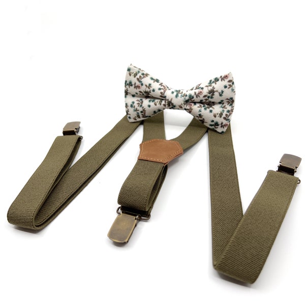 Olive green Suspenders Set, Floral bow tie, Wedding bow tie, Groom bow tie, Ring bearer, Bow Tie for men, baby, boy, kids