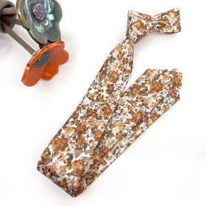 Burnt Orange Floral Necktie: Slim Wedding Tie, Ecru Background