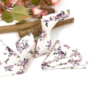 Ecru Necktie, Dusty Lavender Necktie, Floral Necktie, Slim Necktie, Wedding Necktie, Groom Necktie, Matched Pocket square, Matched Bowtie