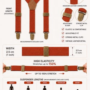 May include: Rust-colored elastic suspenders featuring a hexagonal brown leather back patch, bronze-toned metal sliders, and clips. The straps are 1 inch wide and stretch up to 150%. Includes size charts for adults, teens, kids, toddlers, and babies.
