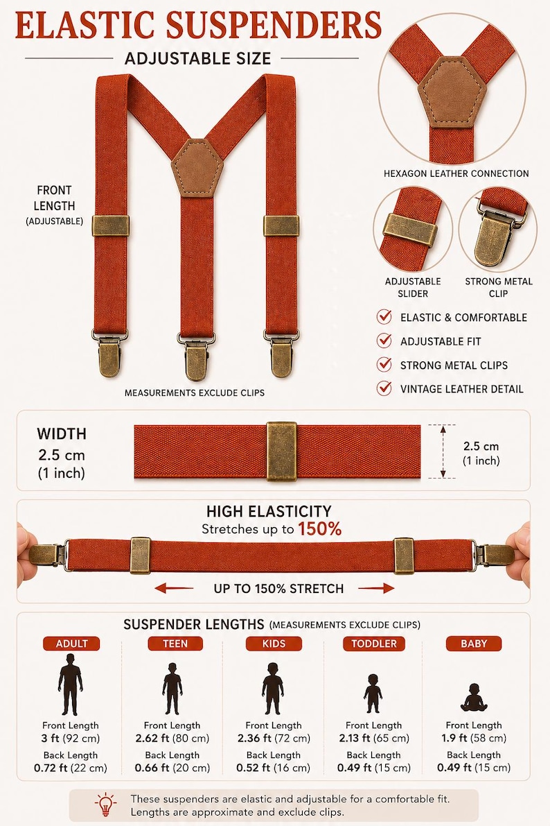 May include: Rust-colored elastic suspenders featuring a hexagonal brown leather back patch, bronze-toned metal sliders, and clips. The straps are 1 inch wide and stretch up to 150%. Includes size charts for adults, teens, kids, toddlers, and babies.